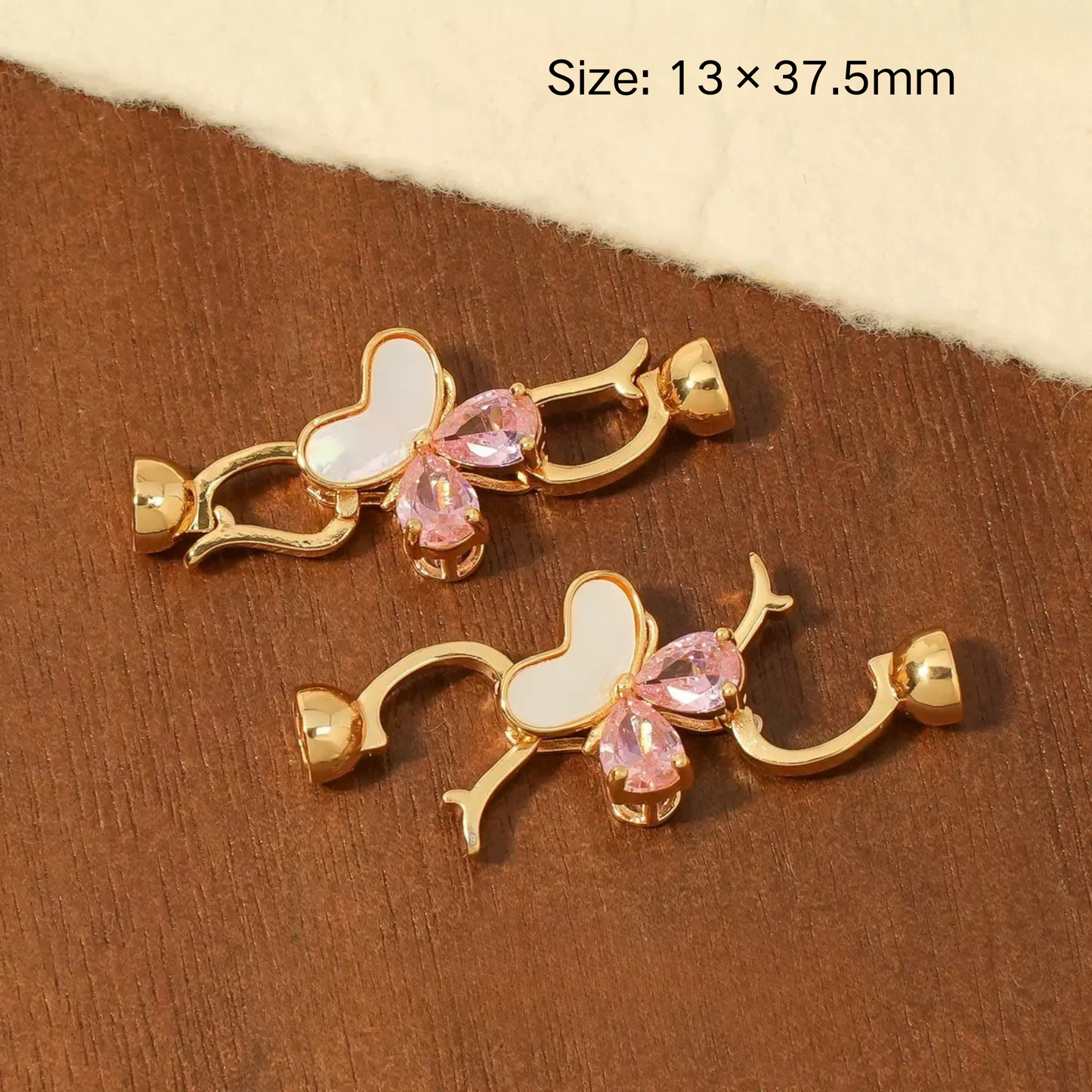 【B07】Butterfly Box Clasp – Gold-Plated Alloy with Cubic Zirconia, Single/Double Hole DIY Jewelry Connector