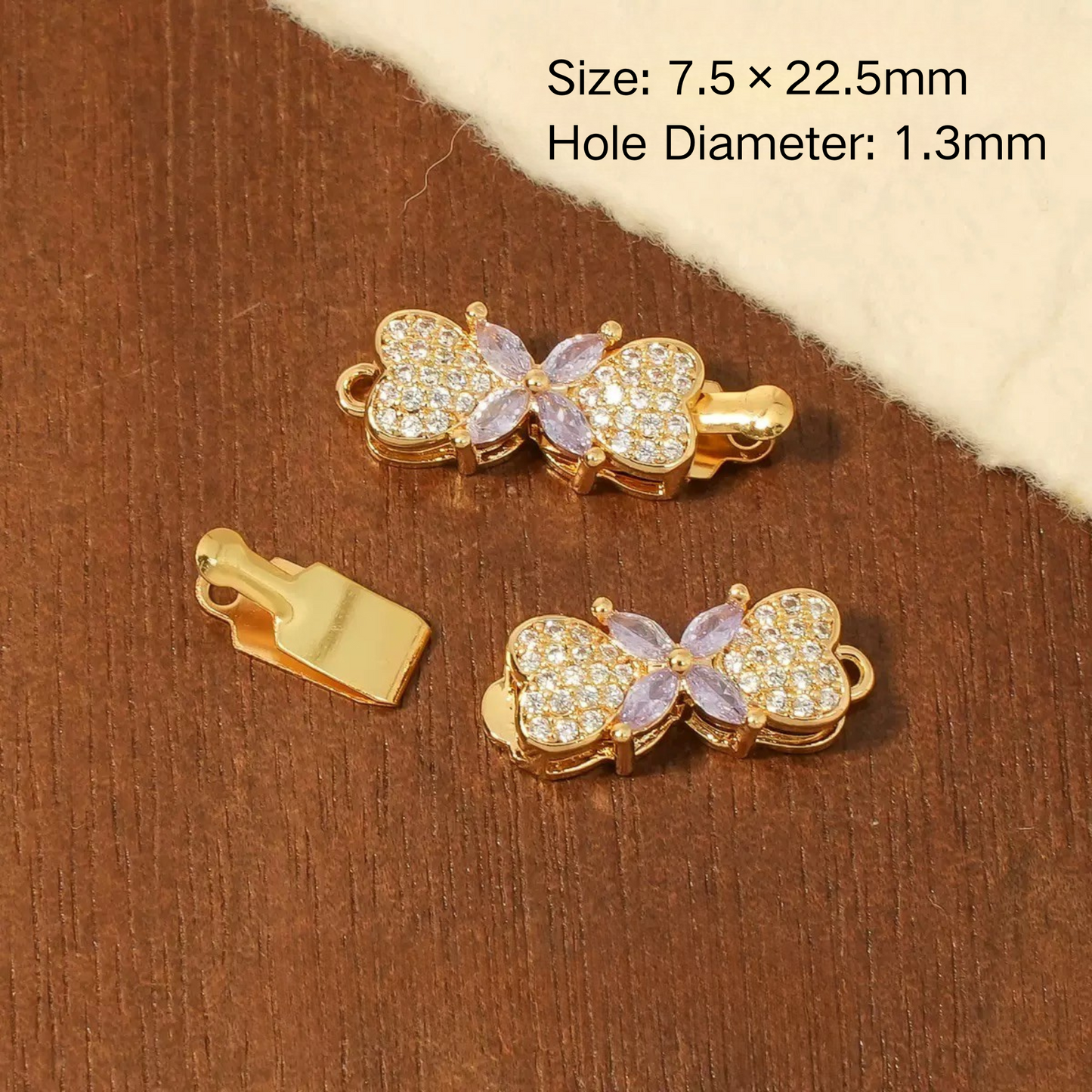 【B07】Butterfly Box Clasp – Gold-Plated Alloy with Cubic Zirconia, Single/Double Hole DIY Jewelry Connector