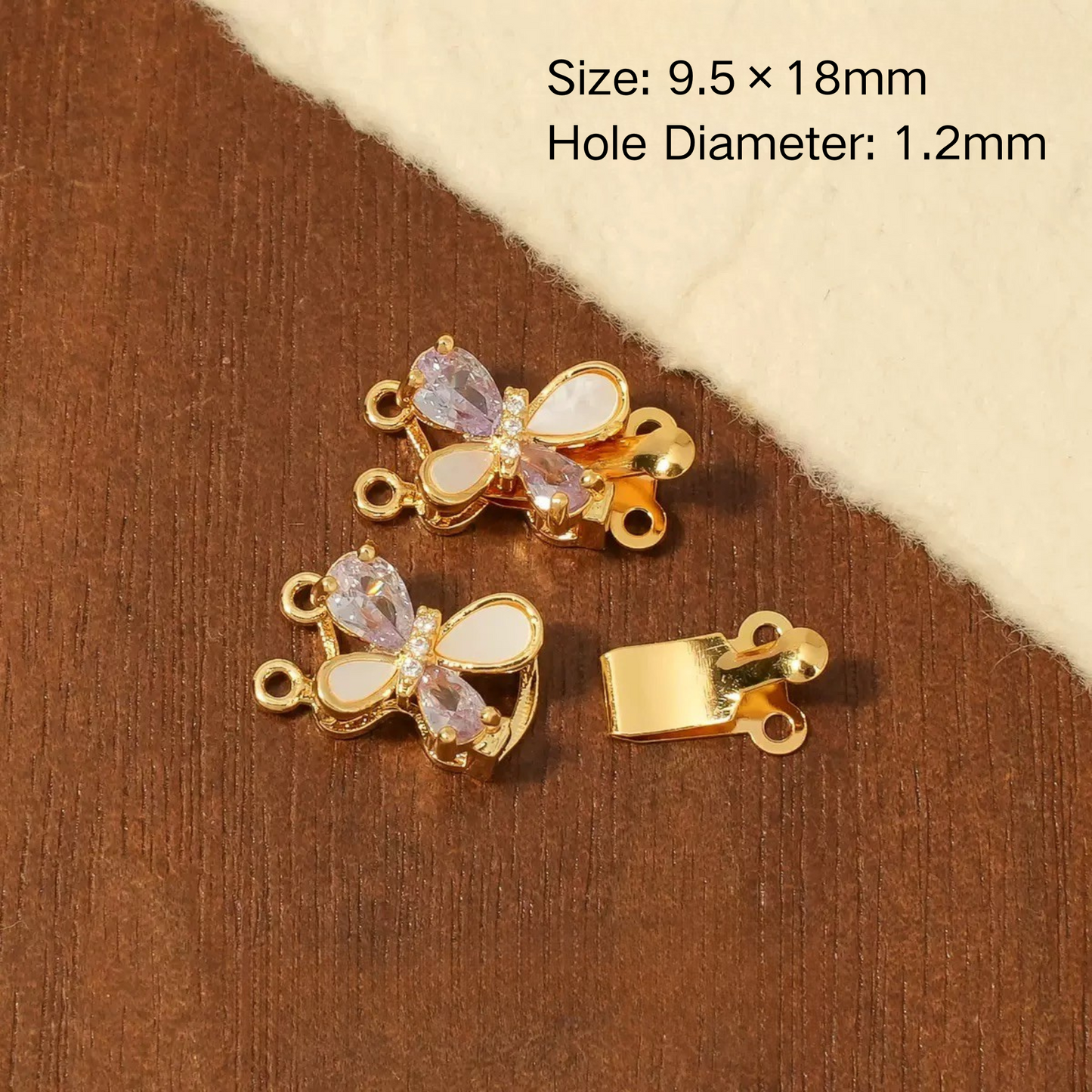【B07】Butterfly Box Clasp – Gold-Plated Alloy with Cubic Zirconia, Single/Double Hole DIY Jewelry Connector