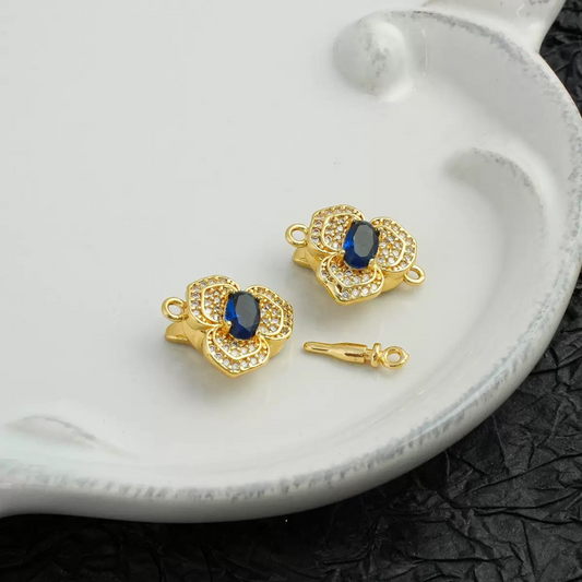 【B10】1P Three-Petal Flower Yuanbao Clasp – 18K Gold/Silver Plated with Cubic Zirconia, DIY Jewelry Connector Bead