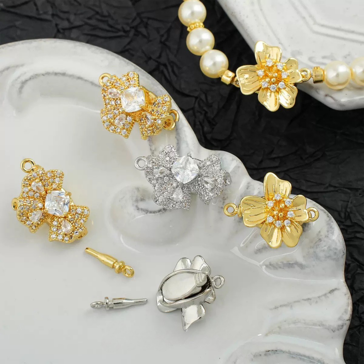 【B09】1P Bow Knot Yuanbao Clasp – 18K Gold/Silver Plated with Cubic Zirconia, DIY Jewelry Connector Bead