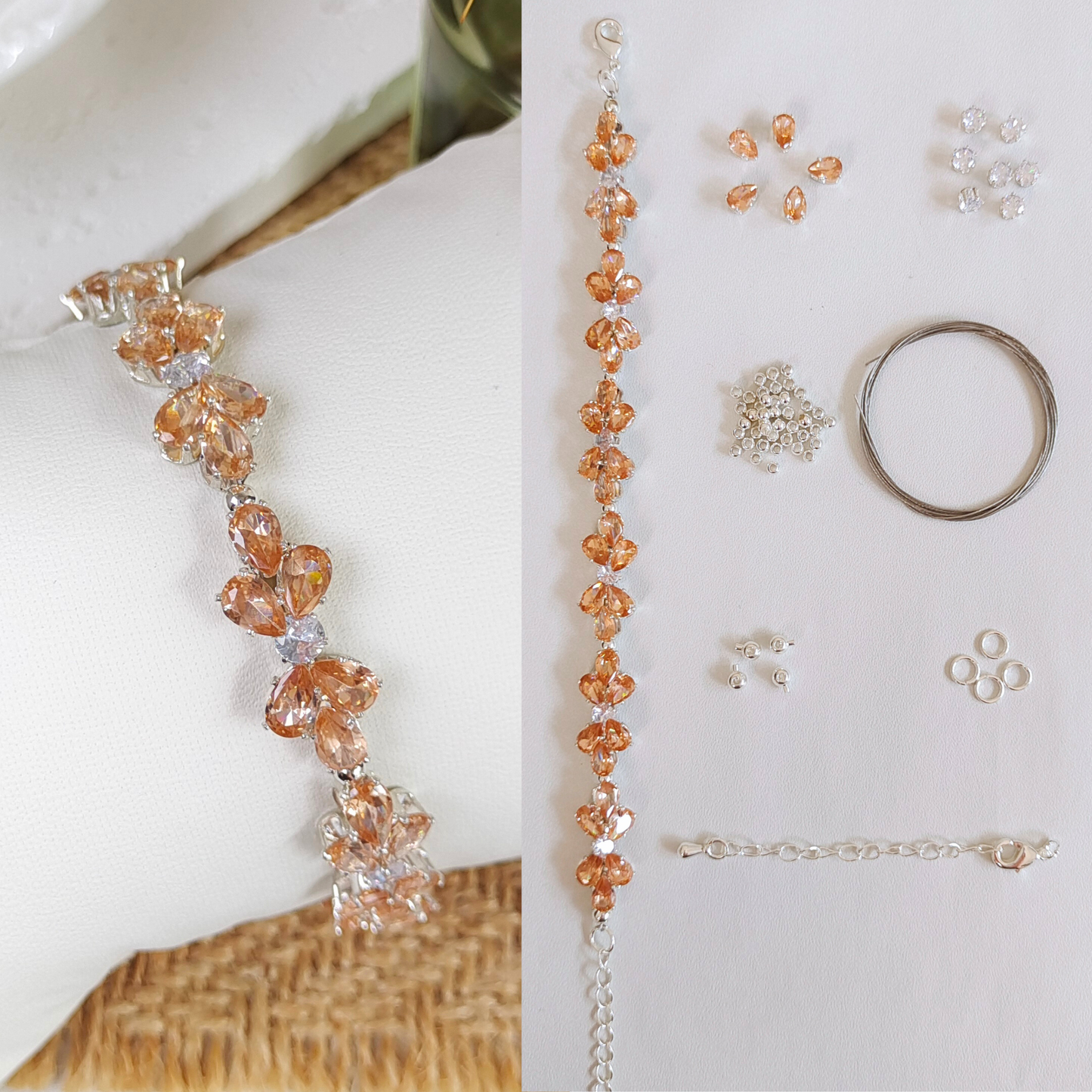 No.39 Amber Bow DIY Bracelet Kit – Teardrop Zircon, Seed Beads, Full Set with Video Tutorial