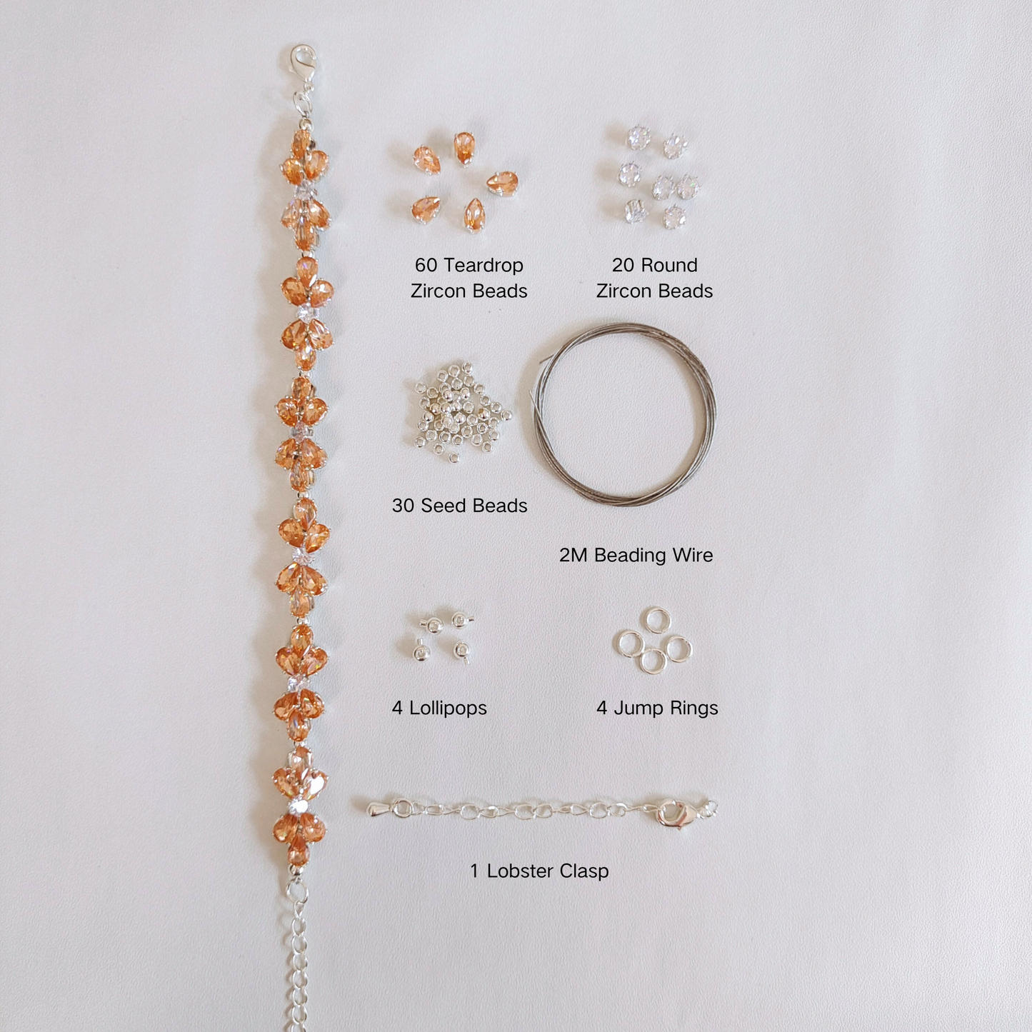 No.39 Amber Bow DIY Bracelet Kit – Teardrop Zircon, Seed Beads, Full Set with Video Tutorial