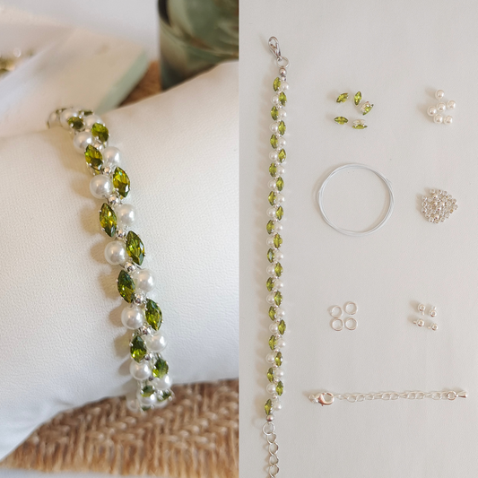 No.23 DIY Bracelet Kit – Green Amber with Marquise Rhinestones, Pearls & Findings