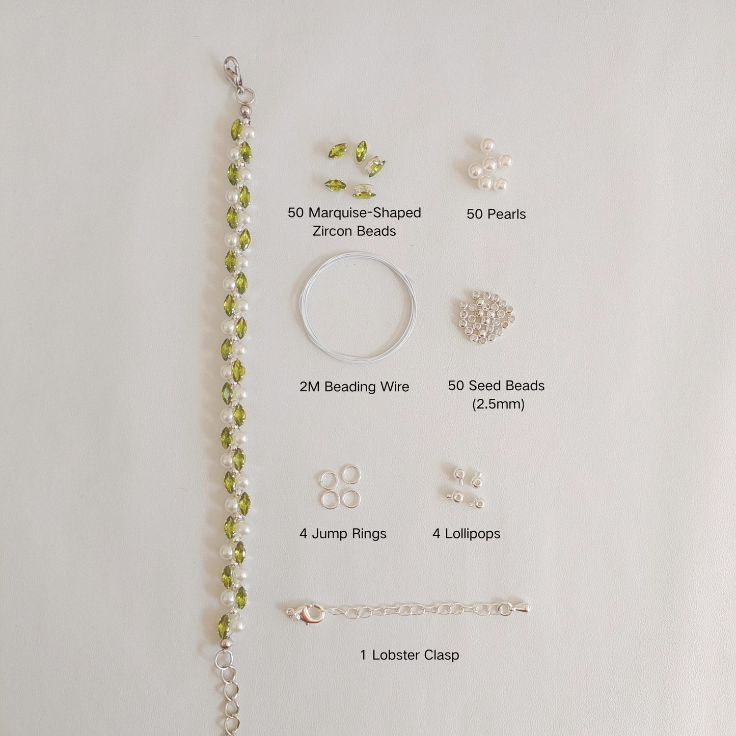 No.23 DIY Bracelet Kit – Green Amber with Marquise Rhinestones, Pearls & Findings