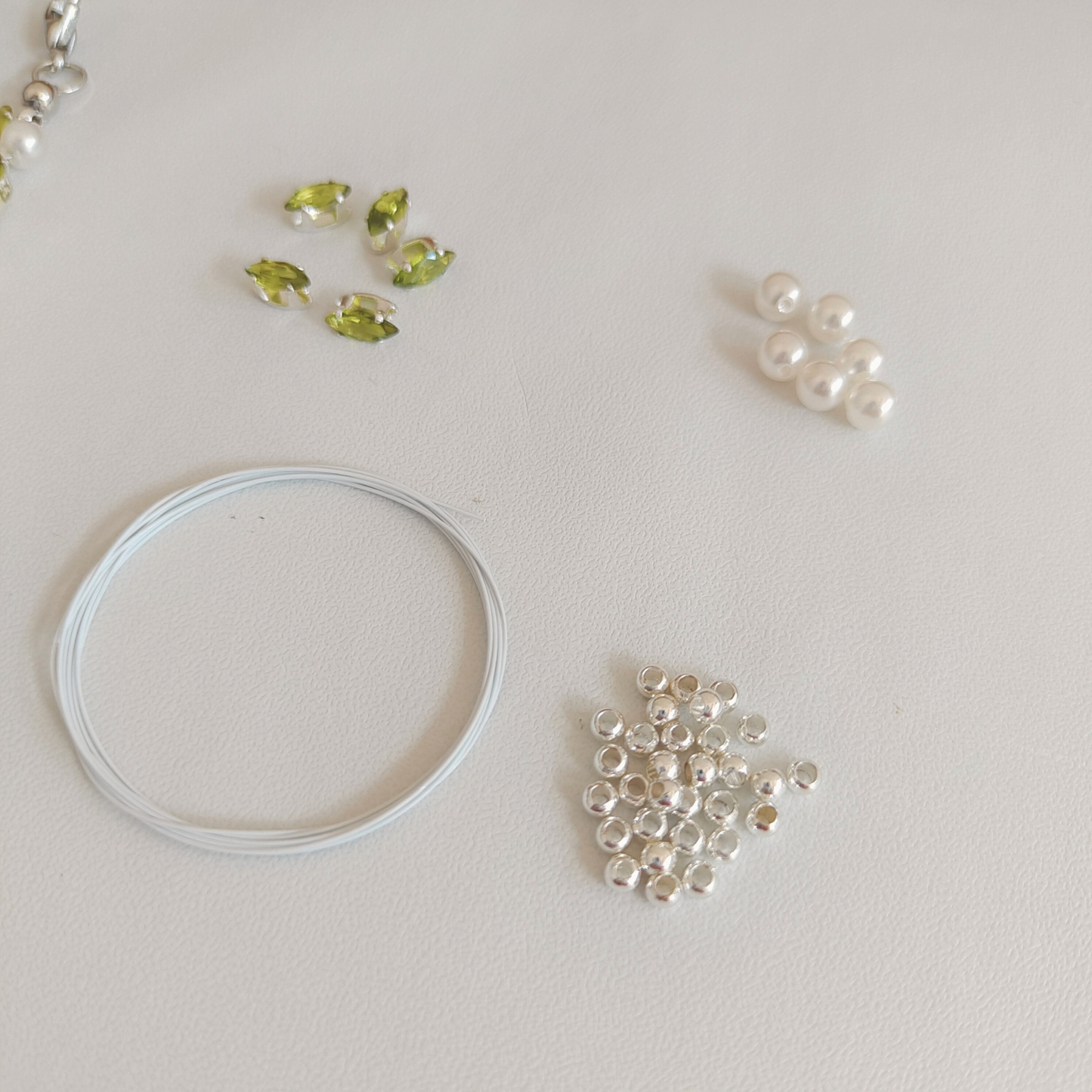 No.23 DIY Bracelet Kit – Green Amber with Marquise Rhinestones, Pearls & Findings
