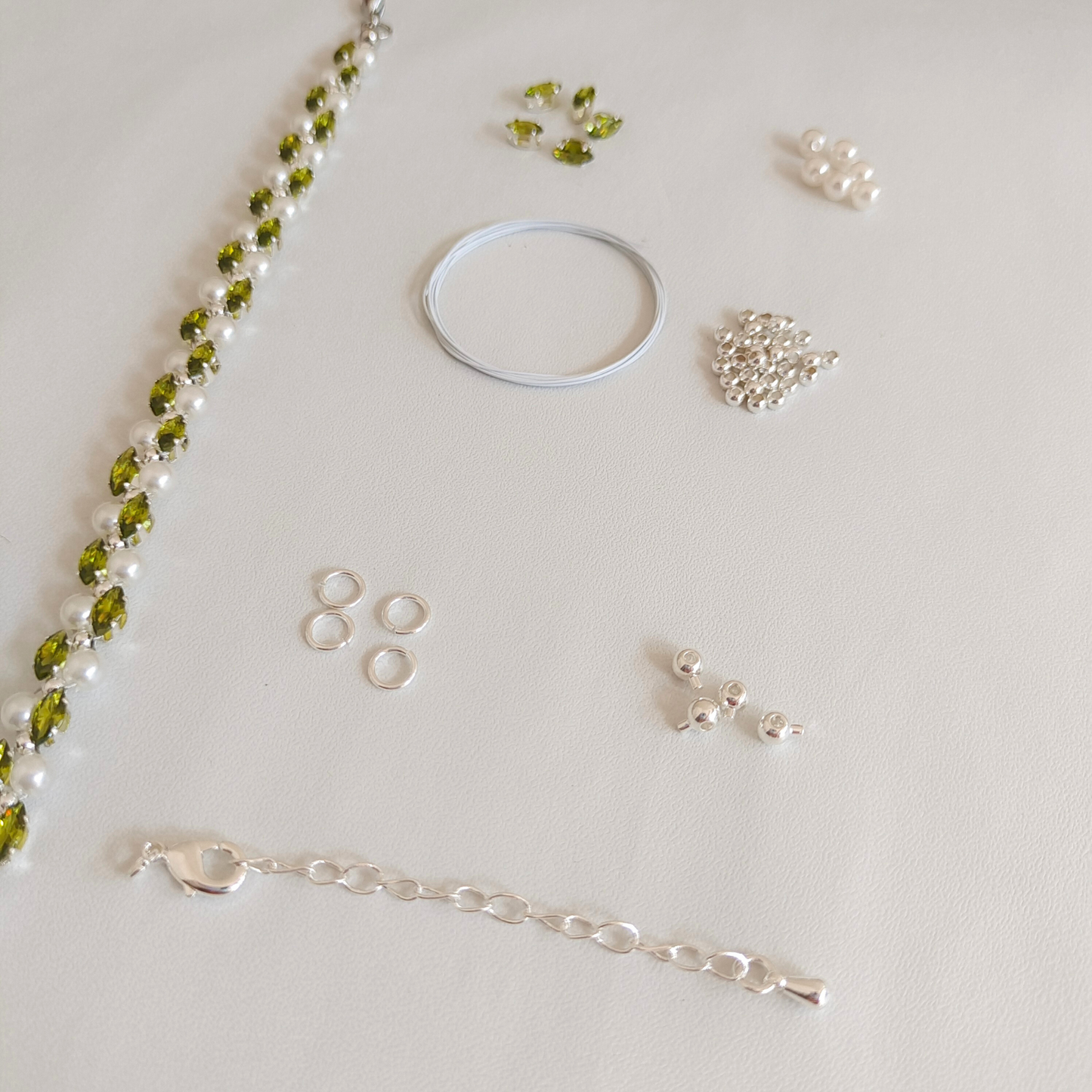 No.23 DIY Bracelet Kit – Green Amber with Marquise Rhinestones, Pearls & Findings