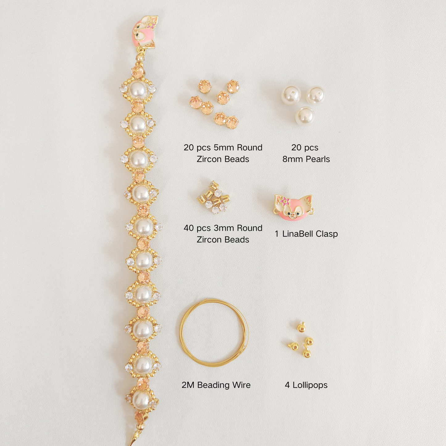 No.06 LinaBell DIY Bracelet – Pearls, Zircons & Beads with Cute Character Clasp