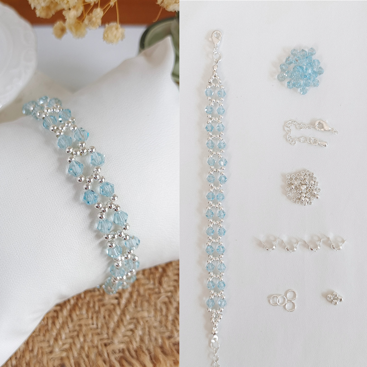 No.47 DIY Bracelet Kit – Ocean Breeze Design with Lake Blue Crystals & Silver Seed Beads