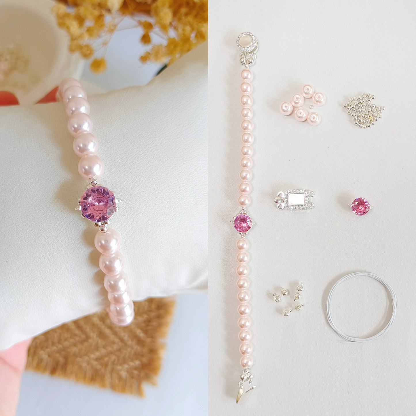No.16 DIY Bracelet Kit – Pink Pearls with Rhinestone Spacer & Buckle Clasp (Full Tutorial)