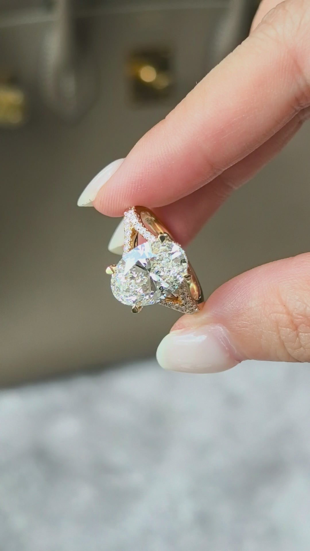 Oval Lab Diamond Split Shank Ring | Hidden Halo & Half Pavé Band