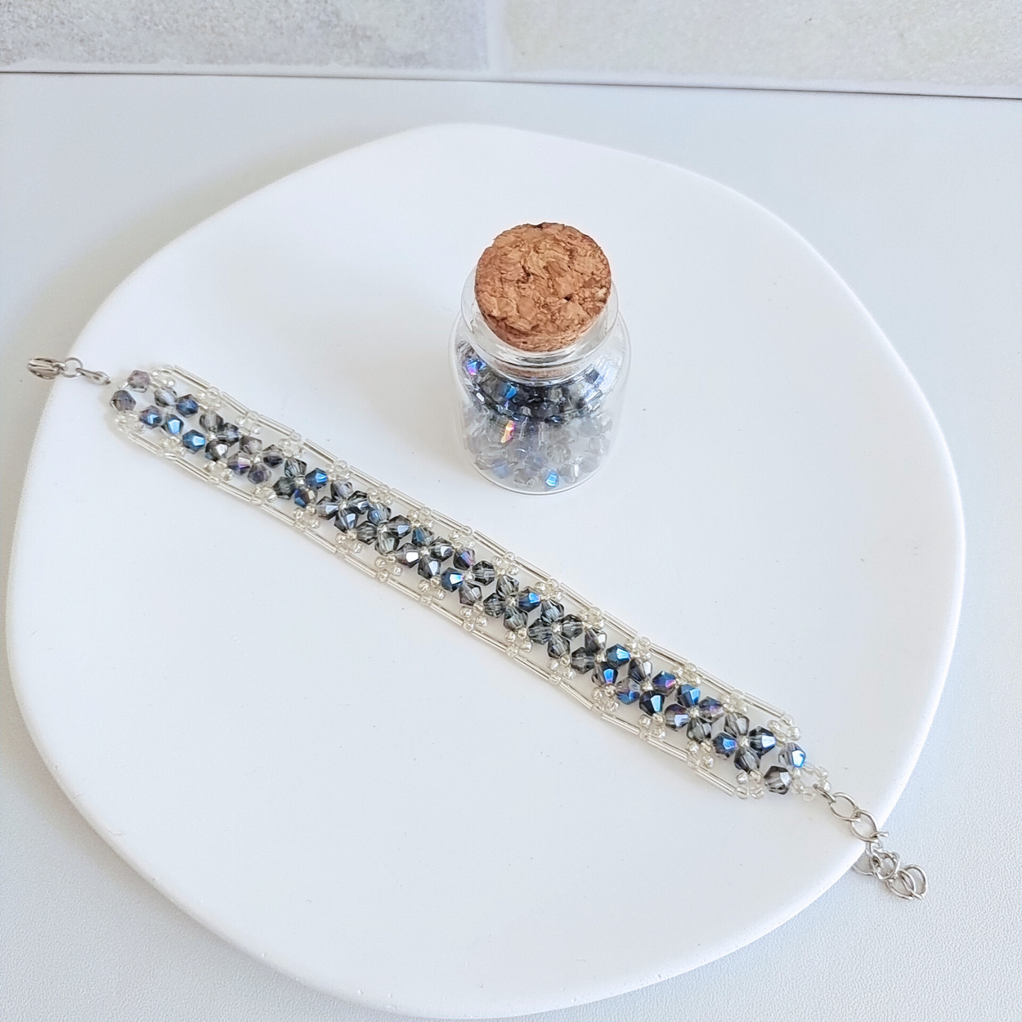 No.01 Handmade Beaded Bracelet Kit - 4mm Blue-Gray Iridescent Diamond Beads, 2mm Seed Beads, DIY Materials Set, Perfect Gift for Her, Beginner-Friendly