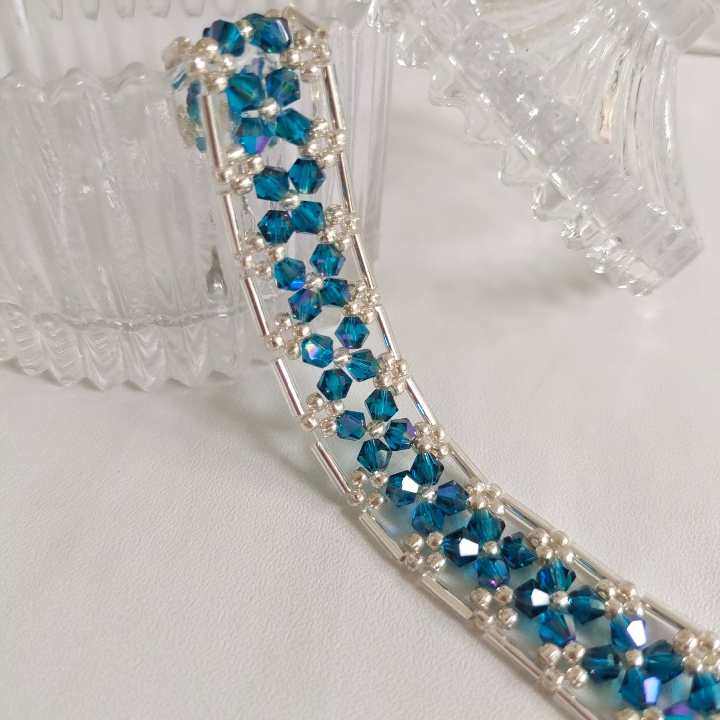 No.03 Galaxy-Inspired DIY Beaded Bracelet Kit – Iridescent Blue 4mm Diamond Beads, 6mm Silver-Plated Tube Beads & Seed Beads | Beginner-Friendly Jewelry Craft Kit