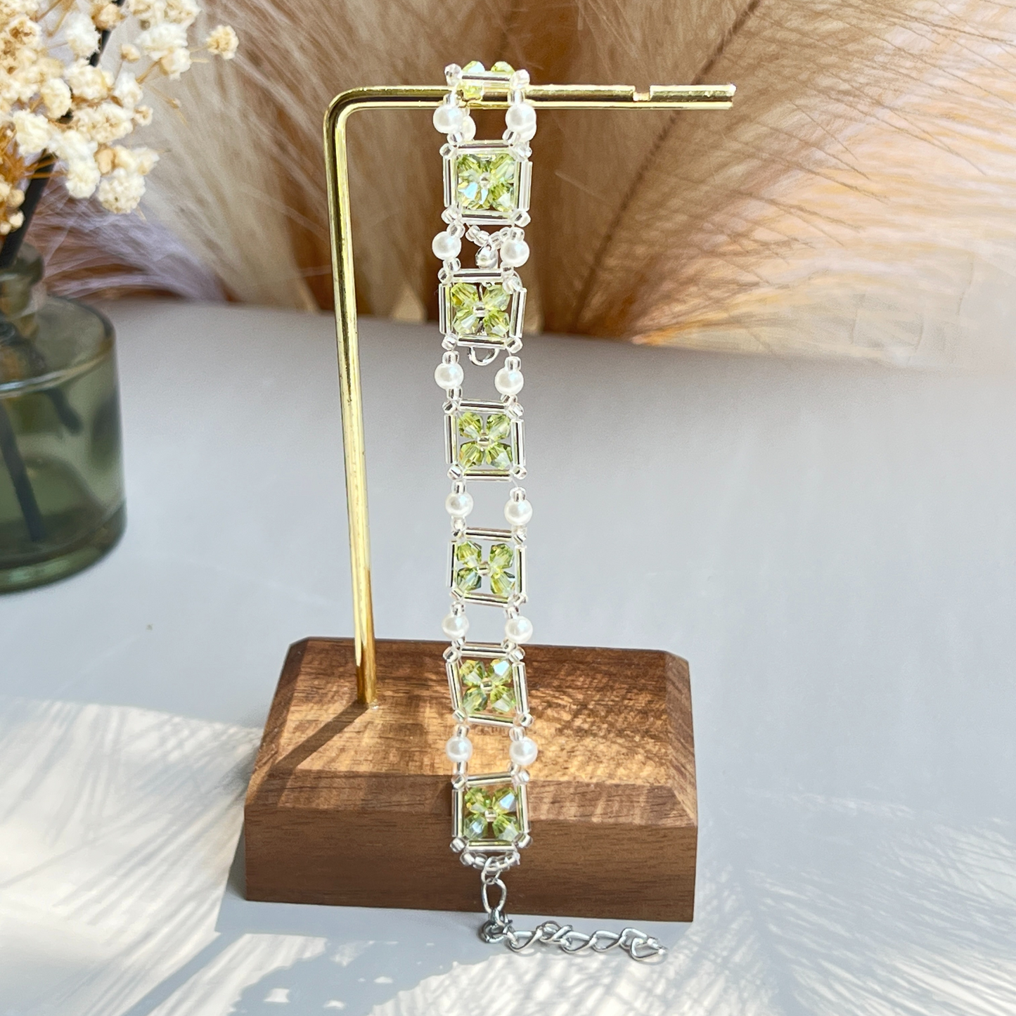 No.21 DIY Beaded Bracelet Olive Green Beads – Silver-Plated Seed Beads, Pearls & Tools | Easy Craft for Beginners，Best Gift for Mother's Day