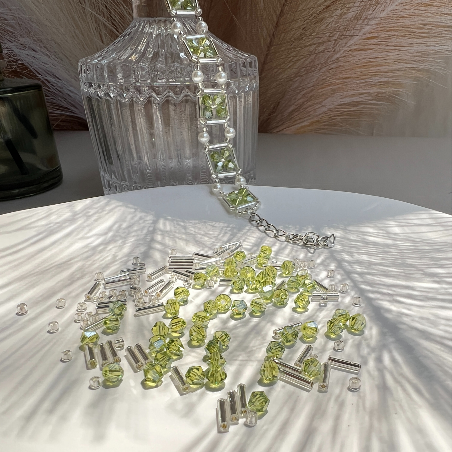 No.21 DIY Beaded Bracelet Olive Green Beads – Silver-Plated Seed Beads, Pearls & Tools | Easy Craft for Beginners，Best Gift for Mother's Day