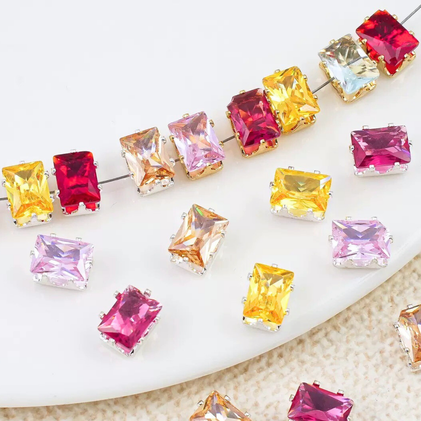 【A22】50pcs Rectangle Zircon Beads – 5x7mm Silver-Claw DIY Spacer for Handmade Jewelry